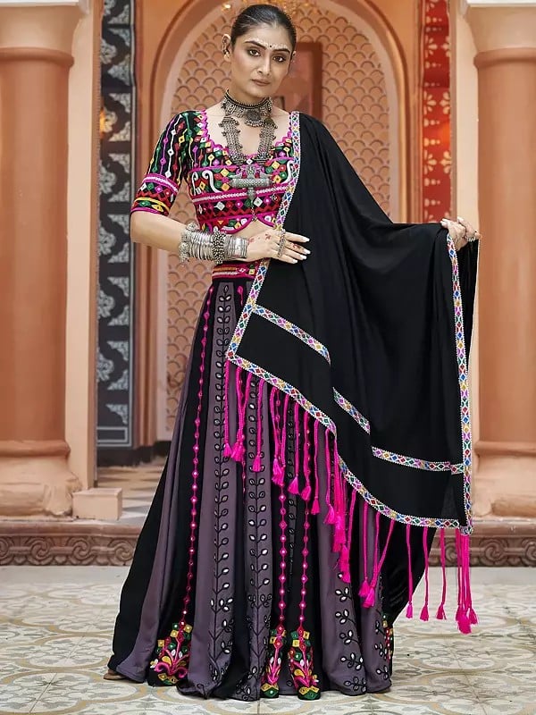 Viscose Rayon Embroidery With Mirror Work Traditional Lehenga Choli With Tassels Dupatta