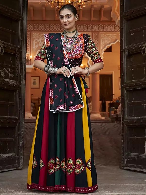 Multicolor Embroidery And Mirror Work Elegant Traditional Viscose Rayon Lehenga Choli And Printed Dupatta