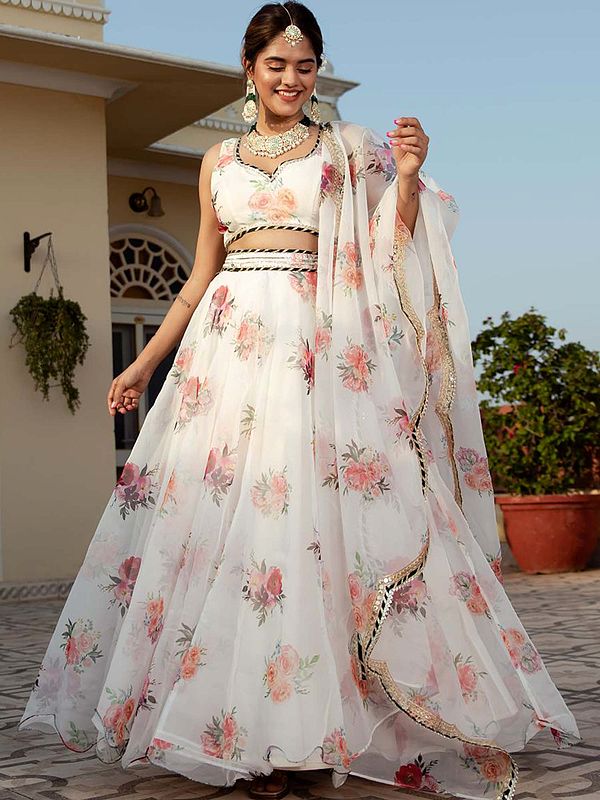 White Organza Floral Digital Print With Embroidery Work Wedding Wear Lehenga Choli With Matching Dupatta