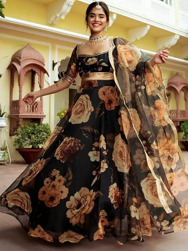 Organza Floral Digital Print With Gota Patti Work Party Wear Lehenga Choli With Matching Dupatta