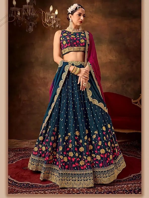 Blue-Dianne Floral Pattern Pure Georgette Lehenga Choli With Dupatta And Multi Thread Work