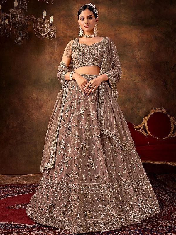 Pinkish-Brown All Over Floral Motif Faux Georgette Lehenga Choli With Dupatta And Sequence Work