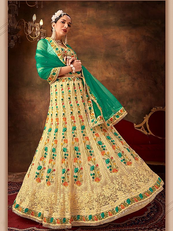 Pale-Yellow Vine Pattern Net Lehenga Choli With Dupatta And Attractive Border For Wedding