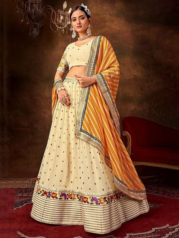 Spanish-White Small Butti Pure Georgette Lehenga Choli With Striped Pattern's Dupatta And Border