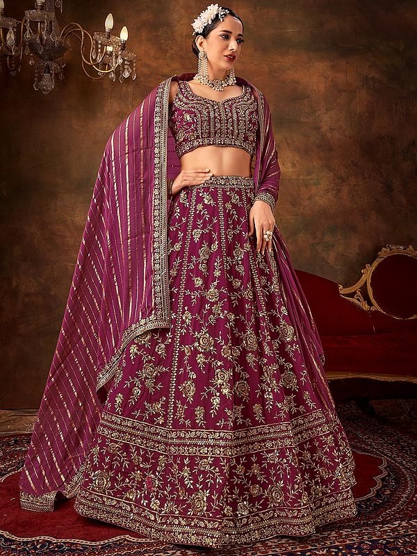 Dark-Muave Designer Pure Georgette Lehenga Choli With Dupatta And Floral Motifs Thread Work