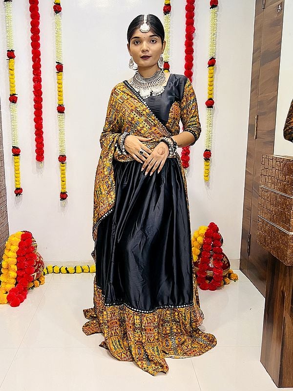 Charcoal-Grey Digital Printed Pure Silk And Rayon Lehenga Choli With Mirror Lace Border Dupatta