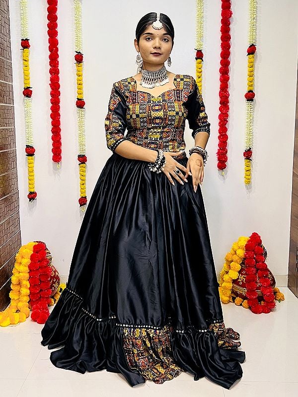 Shiny-Black Mirror Lace Work Digital Printed Lehenga Choli And Dupatta In Pure Silk & Rayon