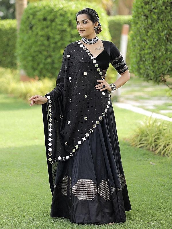 Charcoal-Grey Pure Cotton Silk Lehenga Choli And Dupatta With Sequins Work Butta For Occasion