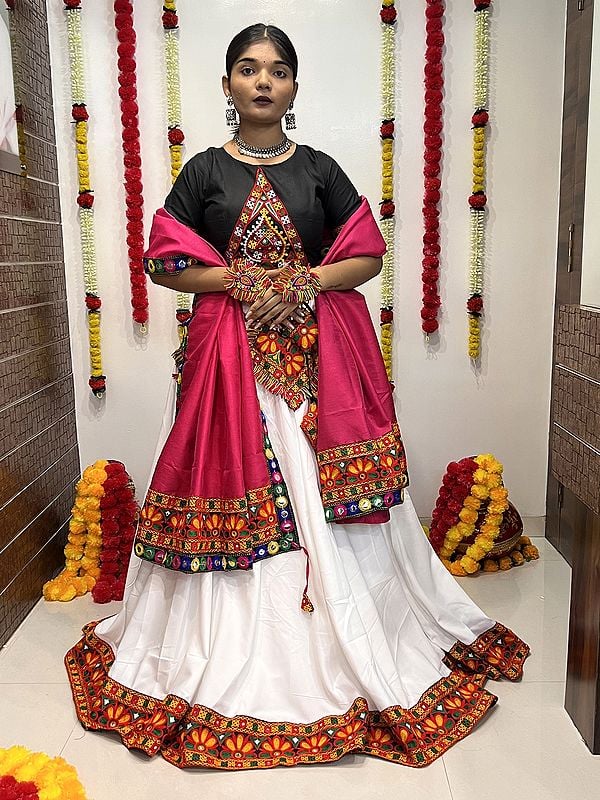 Red-White Printed Mirror Work Pure Cotton Silk Lehenga Choli And Dupatta With Attractive Border