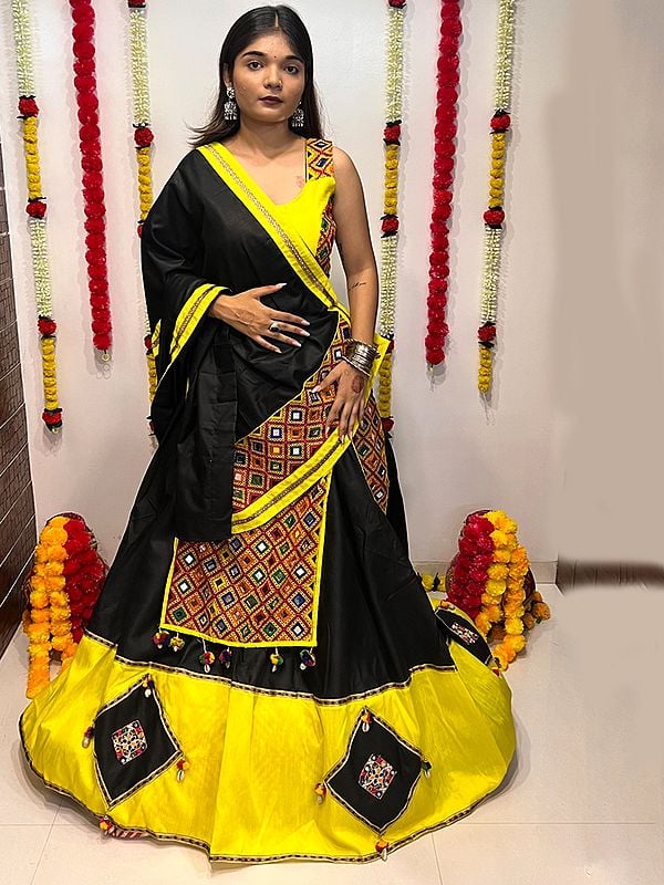 Black & Yellow Party Wear Cotton Silk Lehenga Choli And Attractive Dupatta With Mirror Work