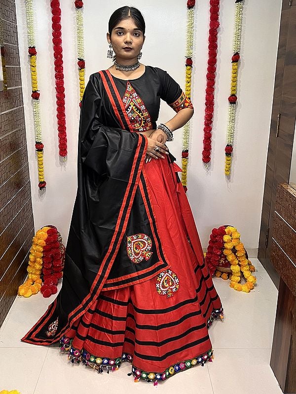 Red And Black Striped Pattern Cotton Silk Lehenga Choli And Dupatta With Mirror Work Border And Tassels