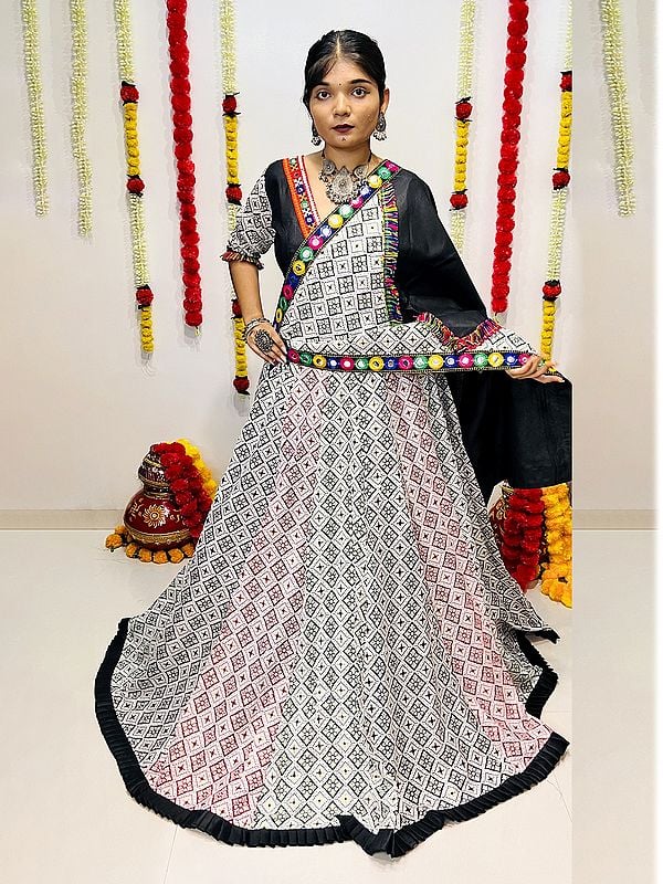 Black And White Diamond Pattern Digital Printed Cotton Silk Lehenga Choli And Dupatta With Mirror Border