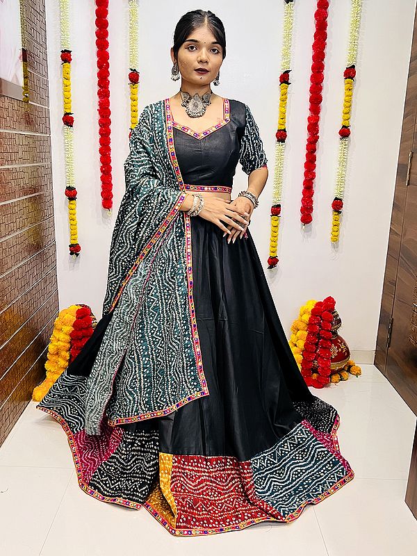 Charcoal-Grey Cotton Silk Lehenga Choli And Digital Printed Dupatta With Gamthi And Lace Work