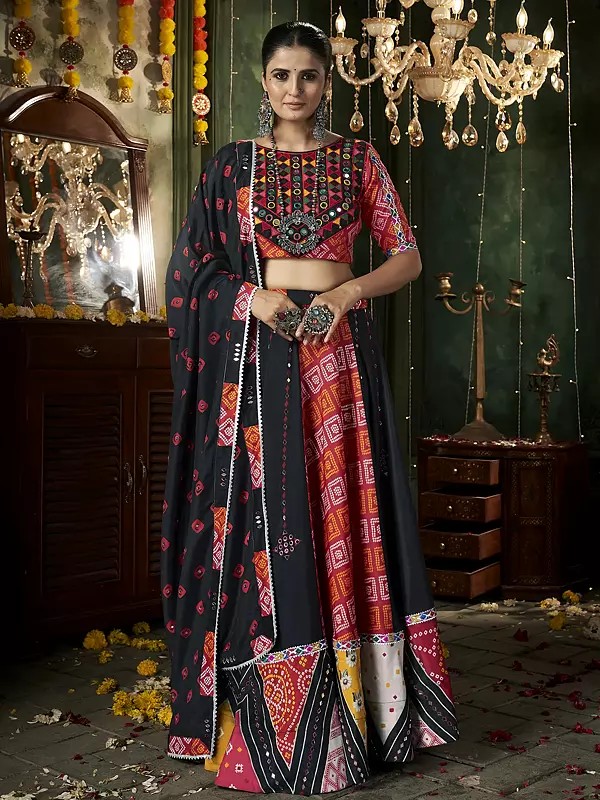 Red And Black All Over Digital Printed And Mirror Work Muslin Cotton Lehenga Choli And Dupatta