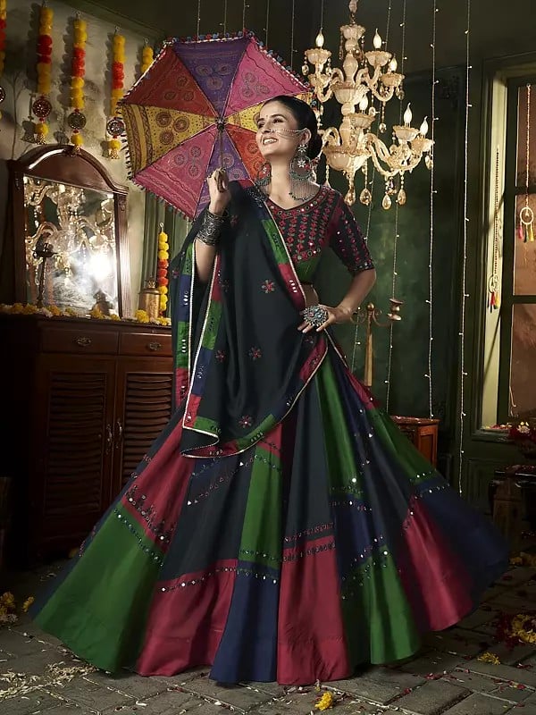 Multi Colored Muslin Lehenga Choli And Dupatta With Thread Embroidered And Mirror Work