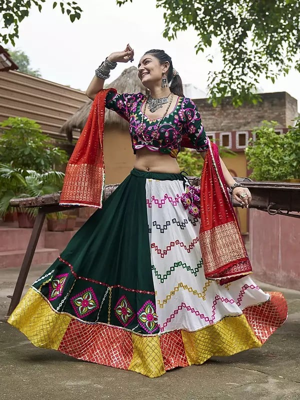 Multicolor Embroidered Work With Mirror Work All Over Viscose Rayon Lehenga Choli With Dupatta