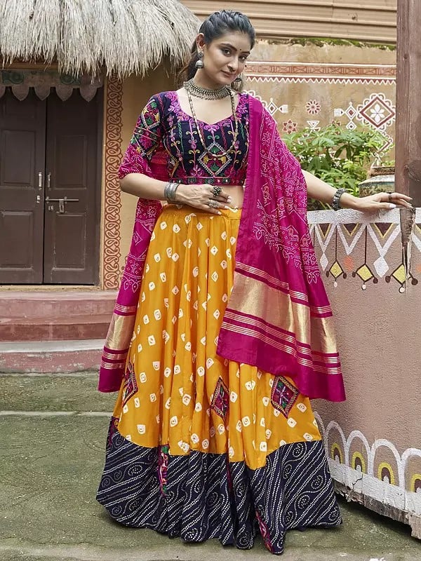 Muslin Cotton Fuel-Yellow Printed With Embroidery Work & All Over Mirror Work Viscose Rayon Lehenga Choli With Dupatta