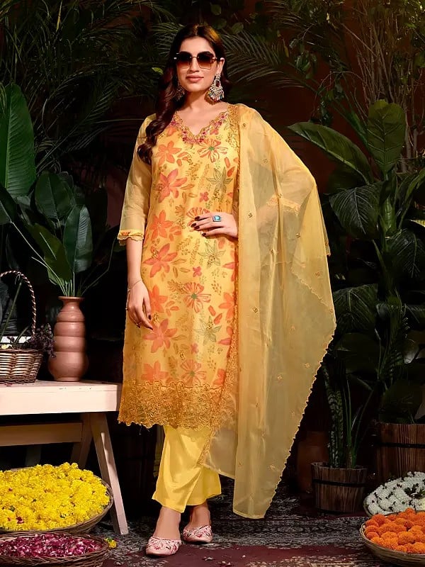 Light-Mustard Embroidery Sequins & Hand Work Floral Beautiful Organza Salwar Suit With Matching Dupatta