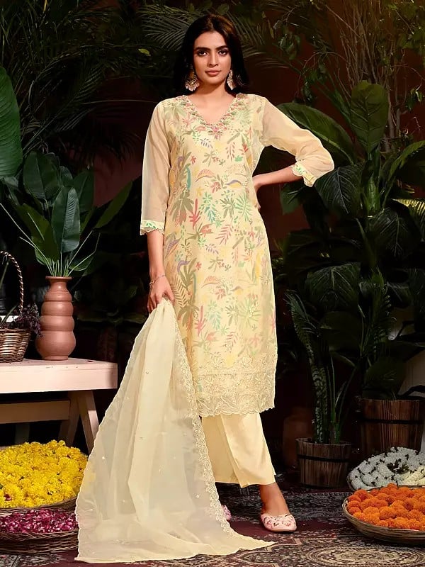 Peach-Yellow Embroidery Sequins & Hand Work Floral Leaf Printed Beautiful Organza Salwar Suit With Dupatta