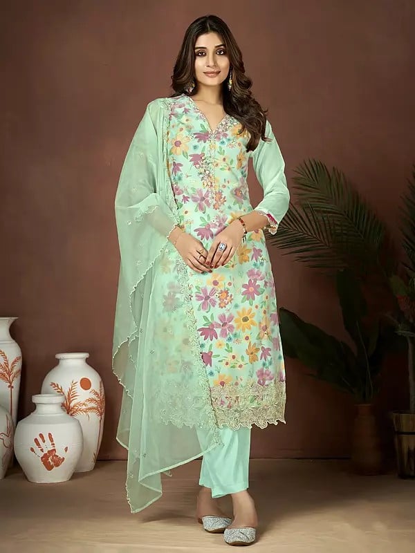 Sea-Mist Organza Embroidery Sequins & Hand Work Floral Printed Designer Salwar Suit With Attractive Dupatta