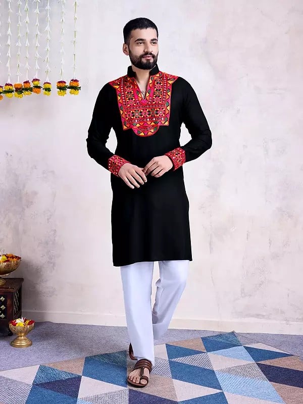 Rayon Embroidery With Real Mirror Work Designer Mens Kurta For Festival Occasion