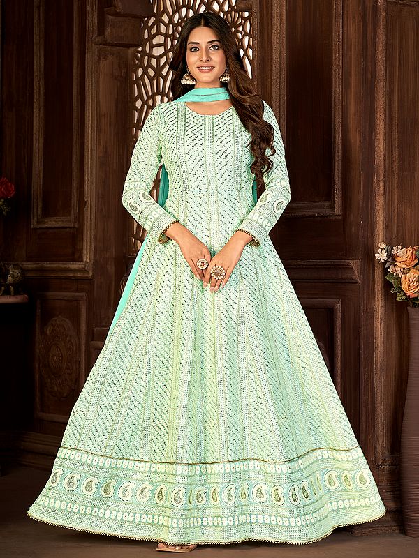 Paisley Pattern Embroidered Faux Georgette Anarkali Suit With Dupatta For Festival Occasion