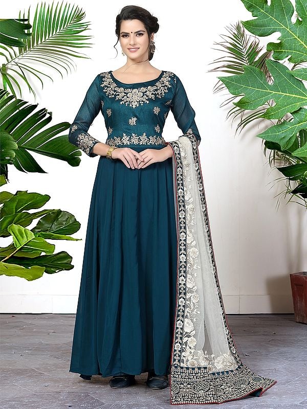 Faux Georgette Anarkali Suit With Broad Border Dupatta And Floral Embroidery On Neck & Waist