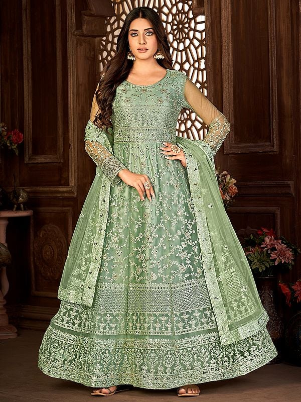 All Over Floral Embroidery Designer Net Anarkali Suit With Dupatta For Women In Attractive Look