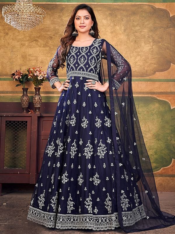 Collection Of Net Anarkali Suit With Attractive Floral Motif Embroidered And Dupatta