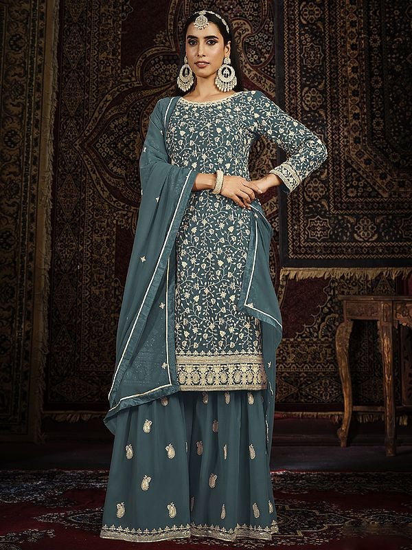 Heavy Embroidered Faux Georgette Salwar Kameez Suit With Palazzo And Dupatta