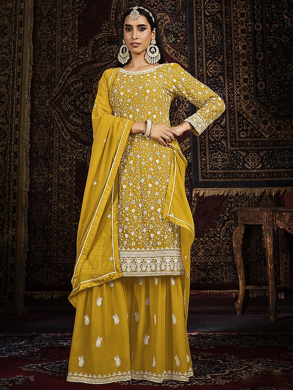 Heavy Embroidered Faux Georgette Salwar Kameez Suit With Palazzo And Dupatta