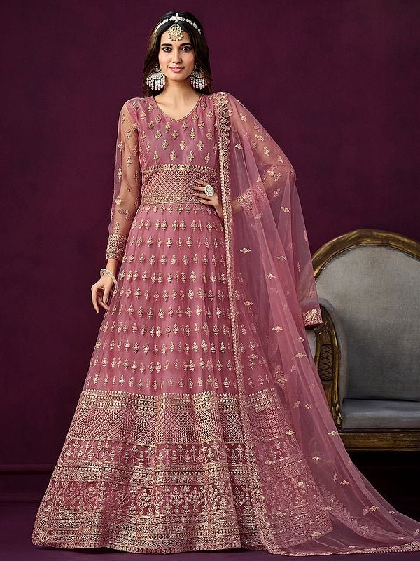 Heavy Embroidered Net Anarkali Suit For Wedding Occasion With Small Butti Dupatta