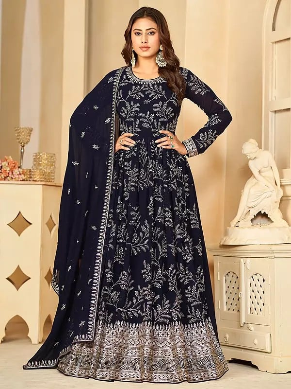 Leaves Pattern Faux Georgette Anarkali Suit For Bridal With Attractive Border And Dupatta