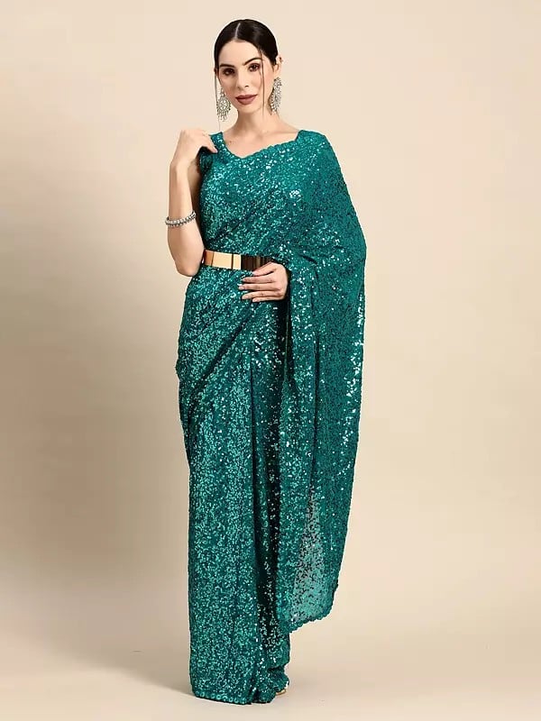 Faux Georgette All Over Sequins Work Designer Party Wear Saree With Blouse