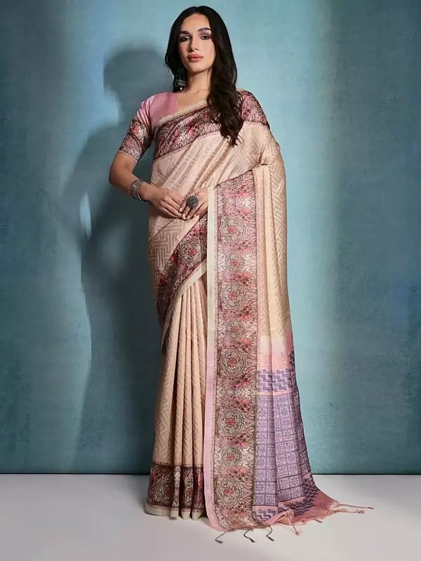 Weaving Work Cotton Silk And Printed Border Festival Wear Saree With Tassels Pallu