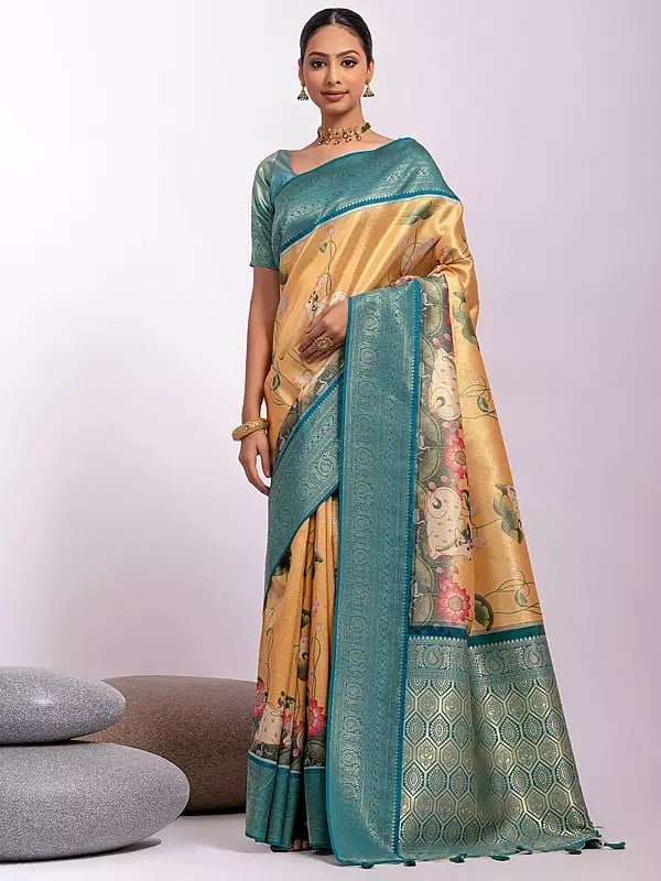 Tissue Silk Weaving Work Printed Festival Wear Saree With Tassels Attractive Pallu