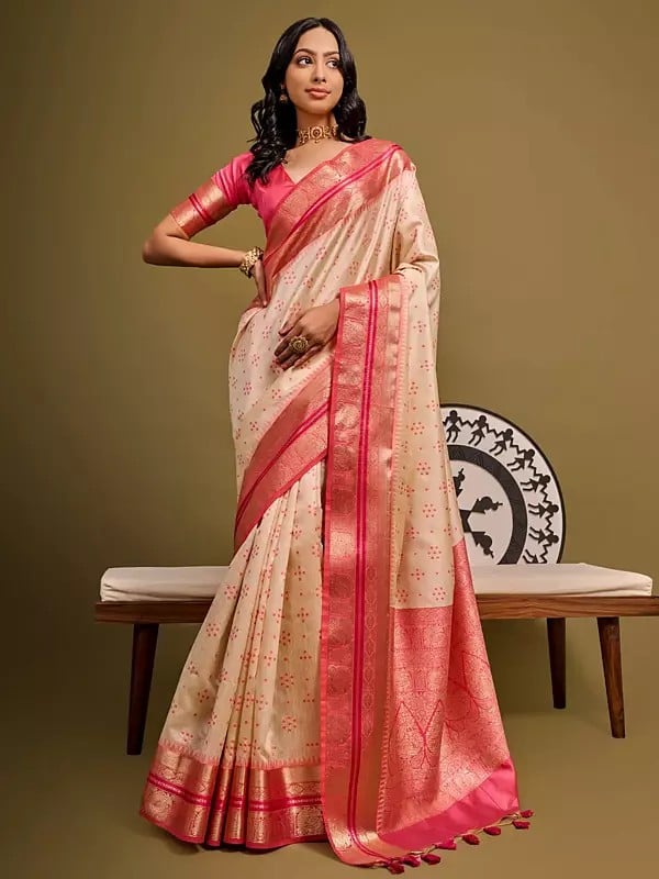 Raw Silk All Over Meenakari & Bandhani Weaves Saree With Zari Woven Border And Pallu