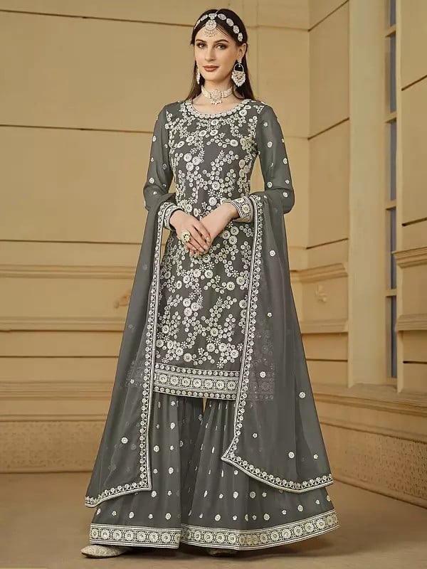 Floral Pattern Faux Georgette Heavy Embroidered Designer Suit Collection With Dupatta