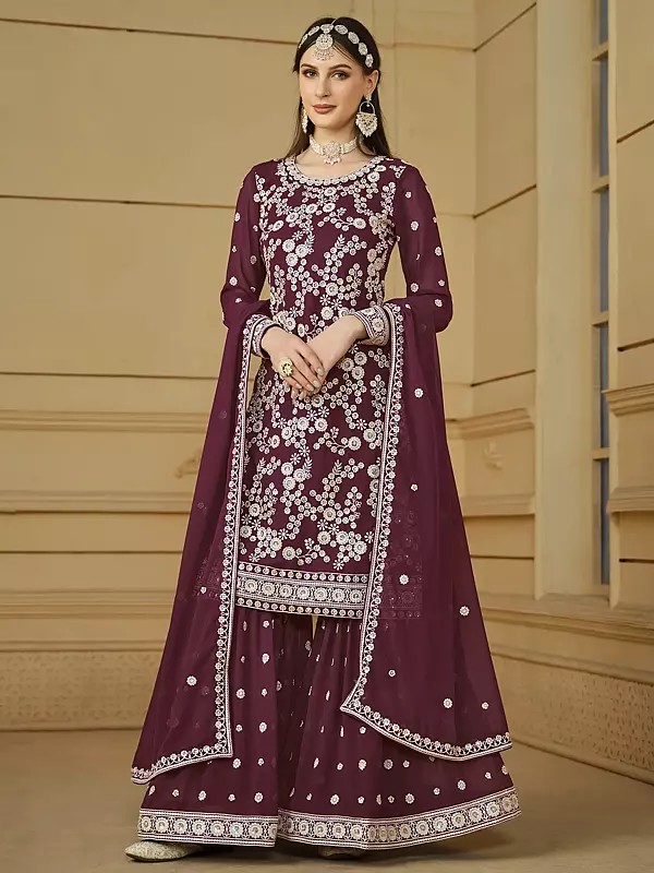Floral Pattern Faux Georgette Heavy Embroidered Designer Suit Collection With Dupatta
