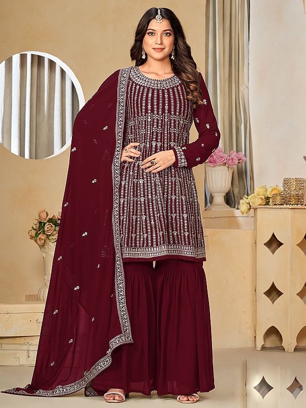 Designer Faux Georgette Sharara Suit With Heavy Embroidered And Dupatta