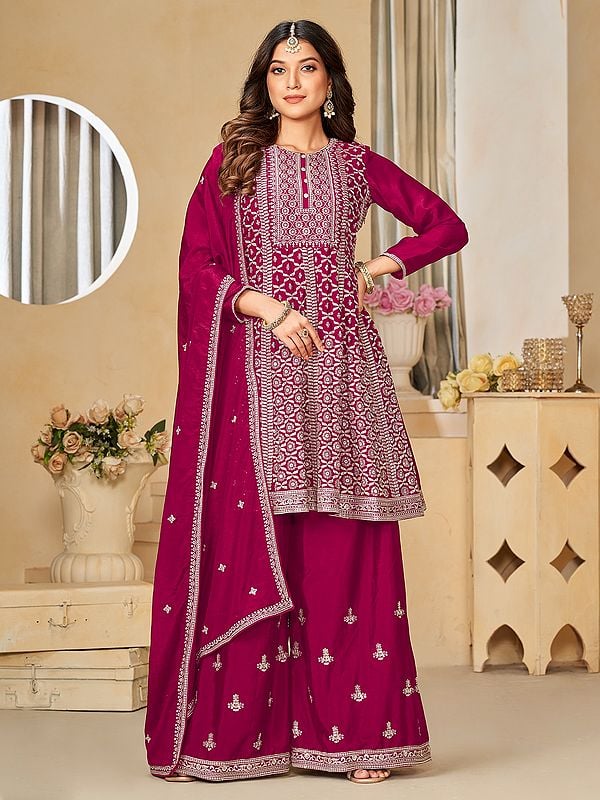 Chinon Floral Motif Embroidered Palazzo Suit With Dupatta For Wedding