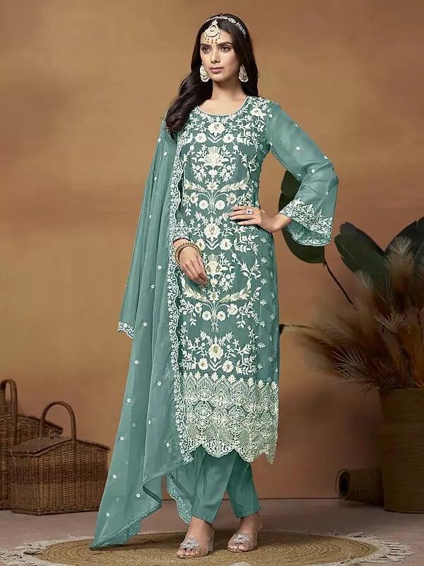 Floral Pattern Salwar Kameez And Dupatta With Soft Organza Heavy Thread Embroidered And Sequins