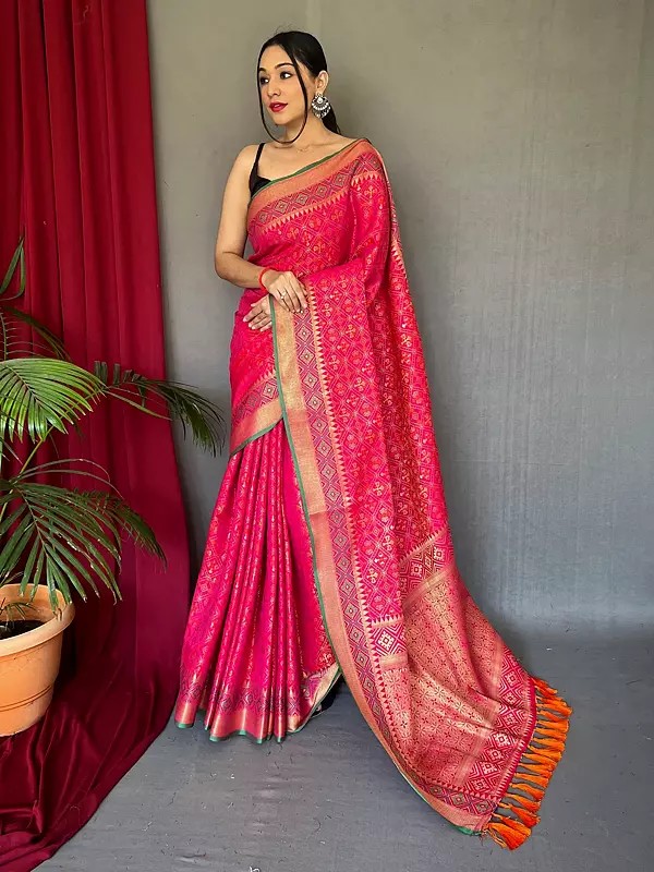 Weaving Work Silk Saree With Contrast Border And Blouse For Festival Occasion