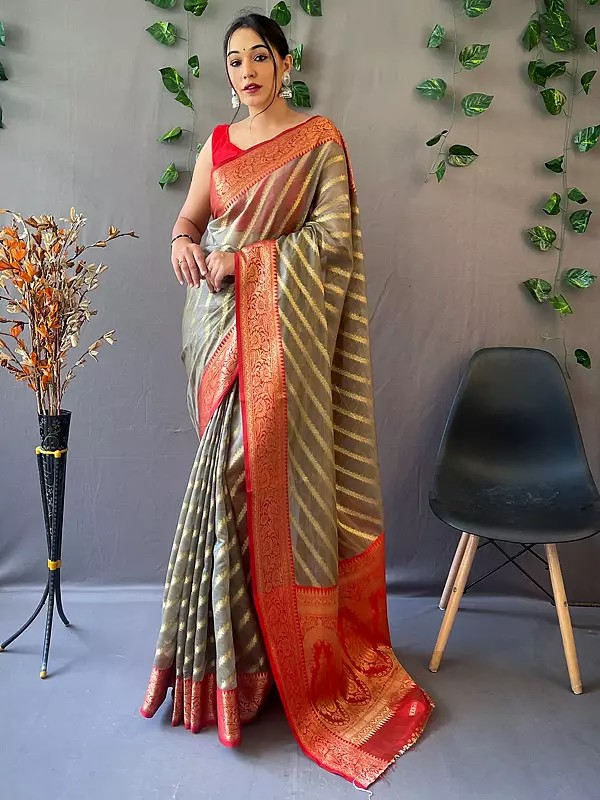 Weaving Work Party Wear Silk Strips Pattern Saree With Paisleys Motifs Pallu