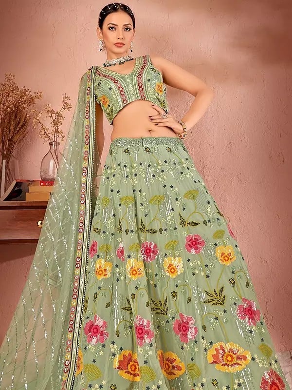 Georgette Sequins And Multi Thread Work Party Wear Floral Lehenga Choli With Net Matching Dupatta