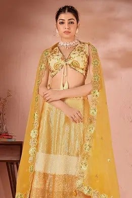 Indian-Yellow Sequins And Multi Thread Party Wear Premium Net Lehenga Choli With Matching Dupatta