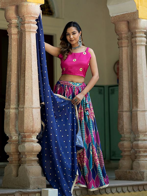 Multicolor Chinon Silk Printed Flared Party Wear Lehenga Choli With Art Silk Dupatta