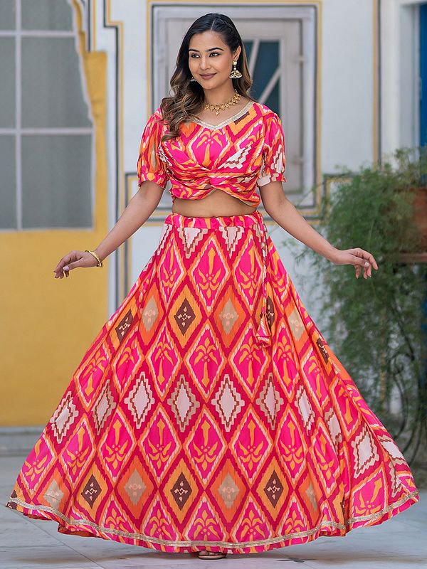 Multicolor Muslin Silk Printed Flared Party Wear Designer Lehenga Choli With Tassels