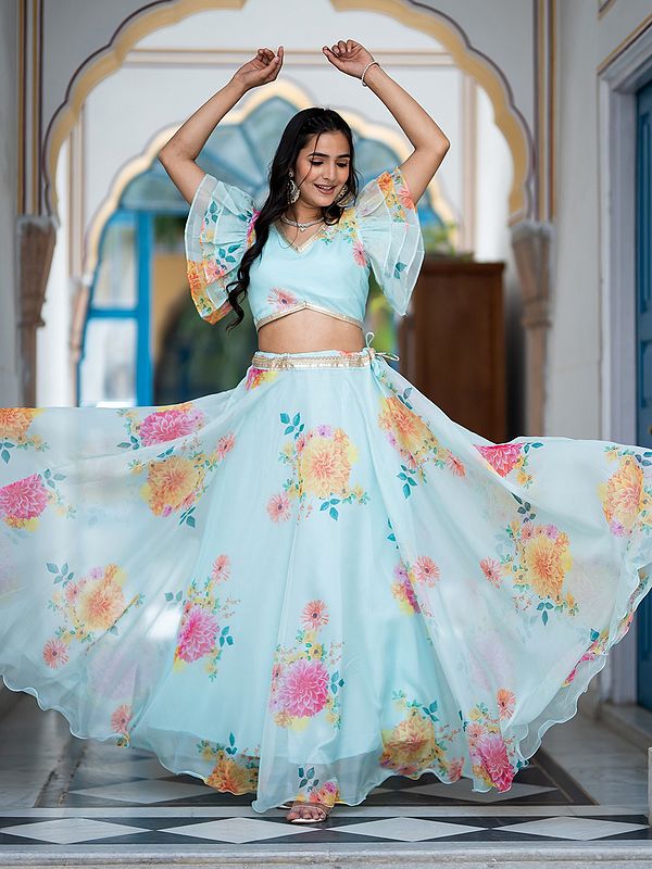 Powder-Blue Organza Silk Floral Printed Flared Party Wear Designer Lehenga Choli