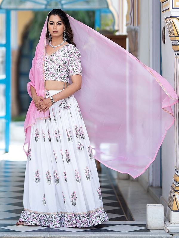 Muslin Silk Flared Flower And Leaf Printed Lehenga Choli With Art Silk Dupatta